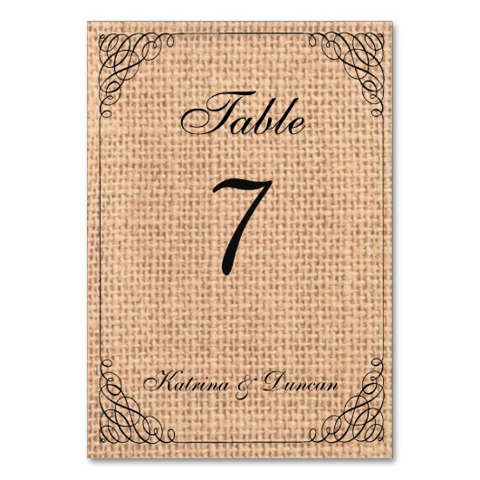 Elegante Swirl Burlap gepersonaliseerde tafel Kaar Kaart (Voorkant)