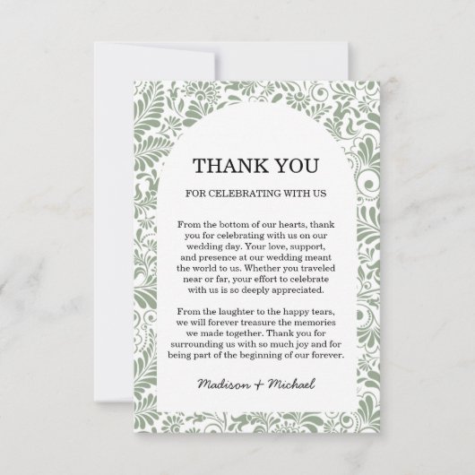 Elegante Swirl Sage Green Floral Wedding Bedankkaart (Voorkant)