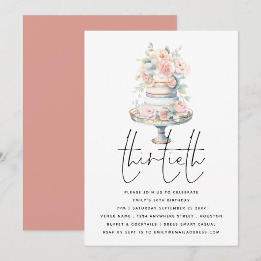 Elegante taart stoffige roze perzik script 30e ver kaart (Voorkant / Achterkant)