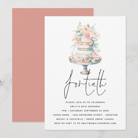 Elegante taart stoffige roze perzik script 40e ver kaart (Voorkant / Achterkant)