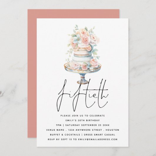 Elegante taart stoffige roze perzik script 50e ver kaart (Voorkant / Achterkant)