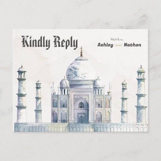 Elegante Taj Mahal typologie Waterverf bruiloft Briefkaart (Voorkant)