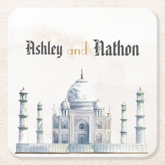 Elegante Taj Mahal typologie Waterverf bruiloft Kartonnen Onderzetters (Voorkant)