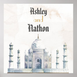 Elegante Taj Mahal typologie Waterverf bruiloft Poster