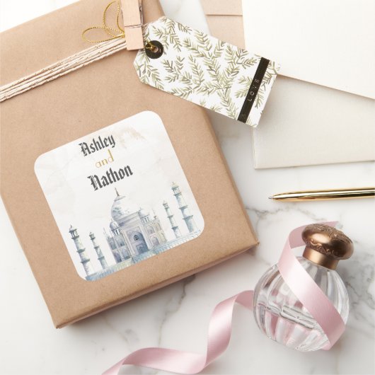 Elegante Taj Mahal typologie Waterverf bruiloft Vierkante Sticker (Geschenken)