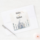 Elegante Taj Mahal typologie Waterverf bruiloft Vierkante Sticker (Envelop)