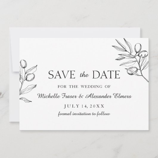 Elegante tak olijf. Zwart-wit bruiloft Save The Date (Voorkant)