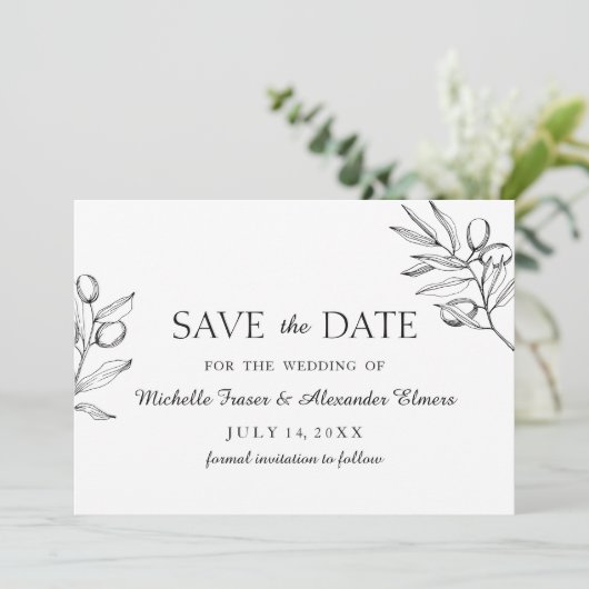 Elegante tak olijf. Zwart-wit bruiloft Save The Date (Staand voorkant)