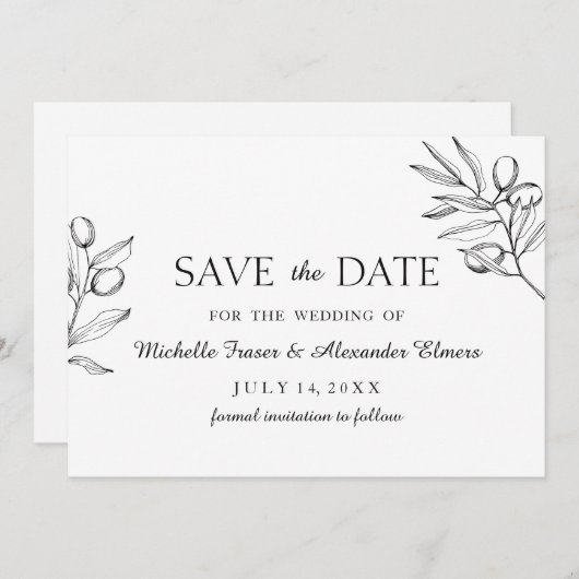 Elegante tak olijf. Zwart-wit bruiloft Save The Date (Voorkant / Achterkant)