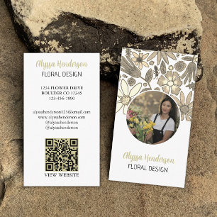 Elegante Tan & Witte Bloem Foto QR Code Logo Visitekaartje
