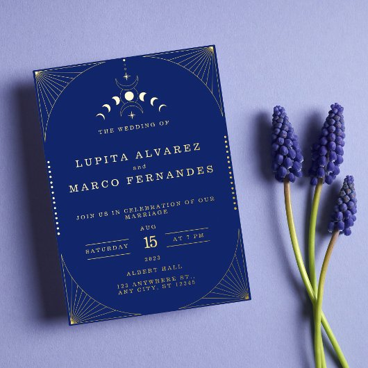 Elegante Tarot Goud Navy Folie Bruiloft  Uitnodiging