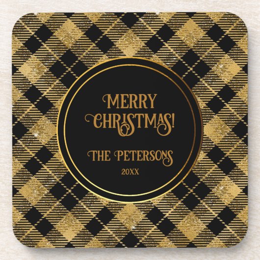 Elegante Tartan Black Gold Glitter Bier Onderzetter (Voorkant)