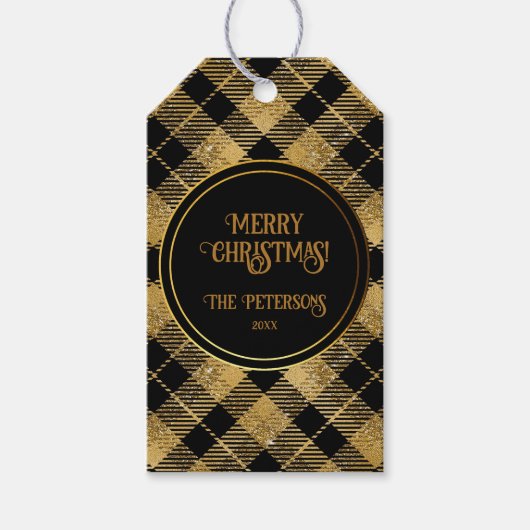 Elegante Tartan Black Gold Glitter Cadeaulabel (Voorkant)