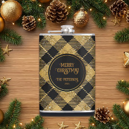 Elegante Tartan Black Gold Glitter Heupfles
