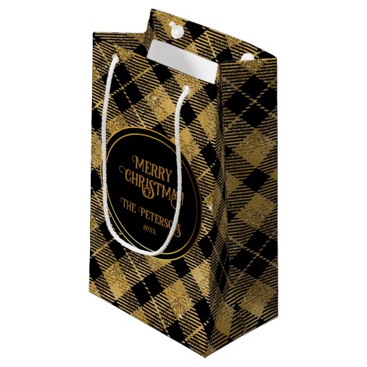 Elegante Tartan Black Gold Glitter Klein Cadeauzakje (Voorkant Gekanteld)