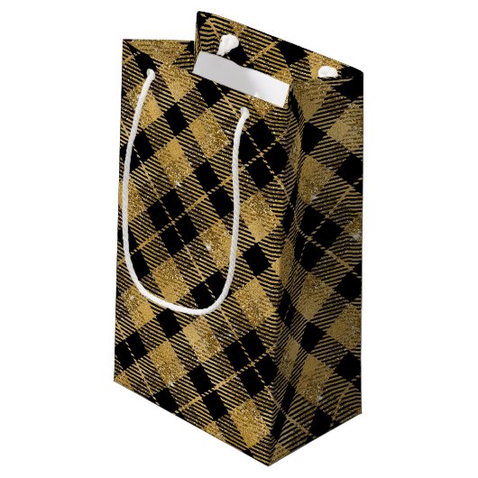 Elegante Tartan Black Gold Glitter Klein Cadeauzakje (Achterkant Gekanteld)