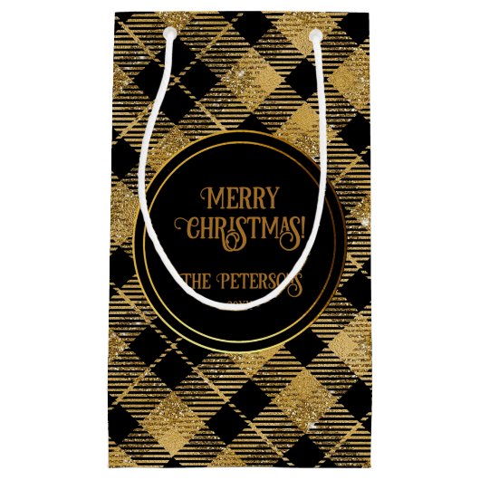 Elegante Tartan Black Gold Glitter Klein Cadeauzakje (Voorkant)