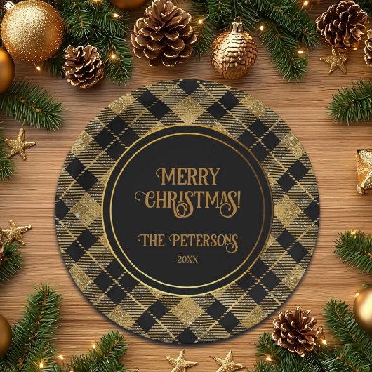 Elegante Tartan Black Gold Glitter Papieren Bordje