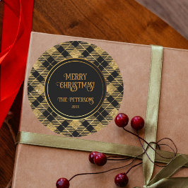 Elegante Tartan Black Gold Glitter Ronde Sticker