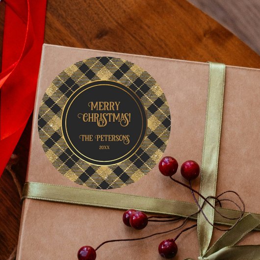 Elegante Tartan Black Gold Glitter Ronde Sticker
