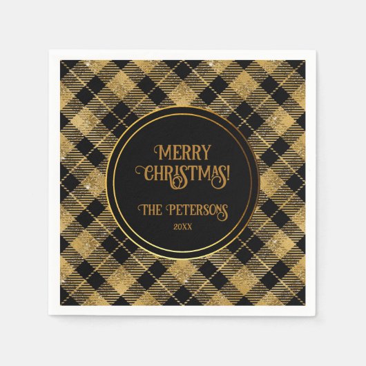 Elegante Tartan Black Gold Glitter Servet (Voorkant)
