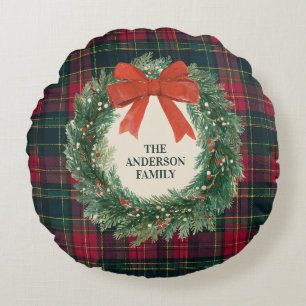 Elegante Tartan Plaid Prettig Kerstmis Familienaam Rond Kussen