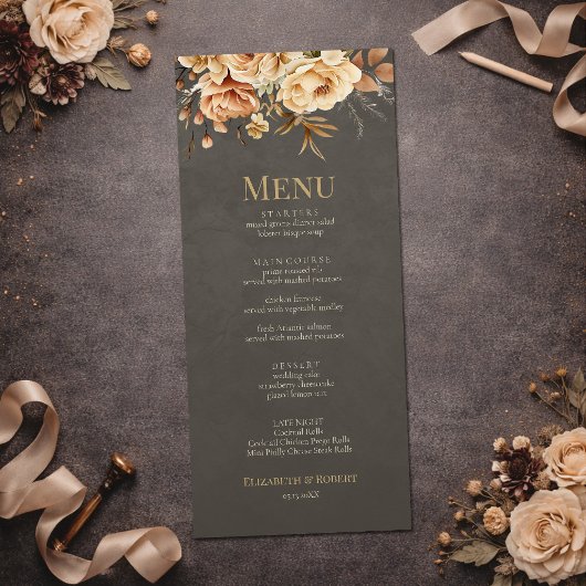 Elegante taupe bloemige trouwmenu menu