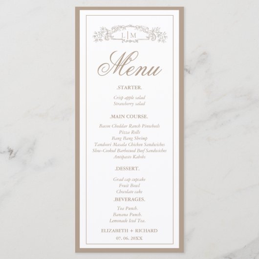 Elegante Taupe botanische kam monogram bruiloft Menu (Voorkant)