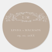 Elegante Taupe botanische kam monogram bruiloft Ronde Sticker (Voorkant)