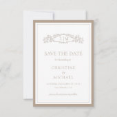 Elegante Taupe botanische kam monogram bruiloft Save The Date (Voorkant)