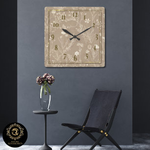 Elegante Taupe Bruine Botanische Wandklok
