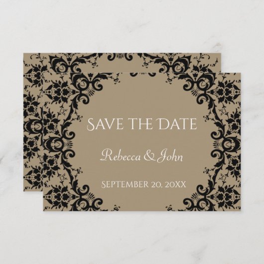Elegante Taupe Damask Floral Wedding Save The Date (Voorkant / Achterkant)