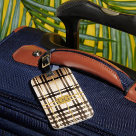 Elegante Taupe en Gouden Plaid Monogrammed Bagagelabel