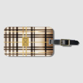 Elegante Taupe en Gouden Plaid Monogrammed Bagagelabel (Voorkant (horizontaal))