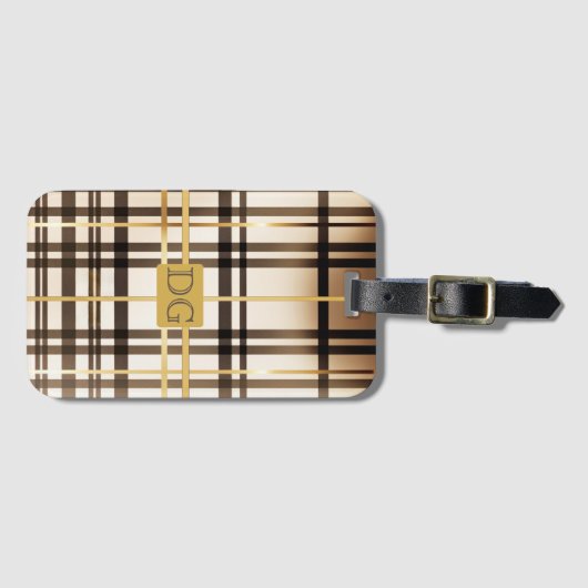 Elegante Taupe en Gouden Plaid Monogrammed Bagagelabel (Voorkant (horizontaal))