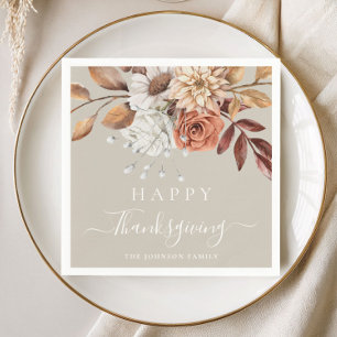Elegante Taupe Herfst Bloemige Gelukkige Thanksgiv Servet