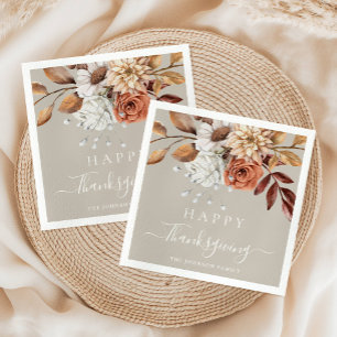 Elegante Taupe Herfst Bloemige Gelukkige Thanksgiv Servet
