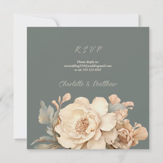 Elegante taupe met groene bloemenbruiloft kaart (Achterkant)