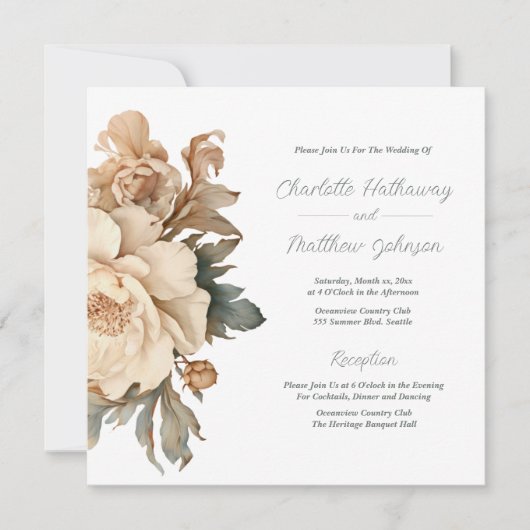 Elegante taupe met groene bloemenbruiloft kaart (Voorkant)