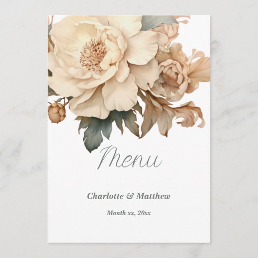 Elegante taupe met groene bloemenbruiloft menu (Voorkant)