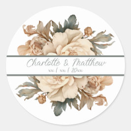 Elegante taupe met groene bloemenbruiloft ronde sticker