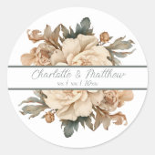 Elegante taupe met groene bloemenbruiloft ronde sticker (Voorkant)