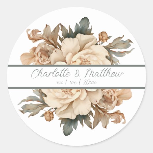 Elegante taupe met groene bloemenbruiloft ronde sticker (Voorkant)