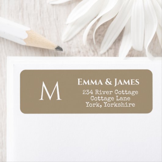 Elegante Taupe Monogram Wedding Return Adres Etiket (Insitu)