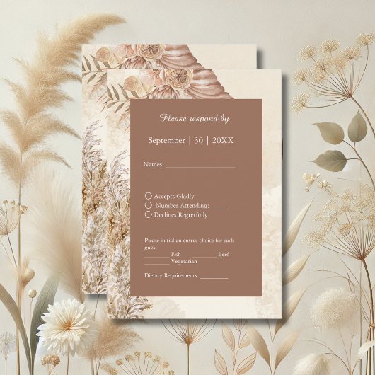 Elegante taupe Neutral Pampas Grass Wedding RSVP Kaartje