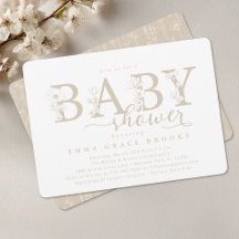 Elegante Taupe Neutrale Bloemige Baby Shower Typog