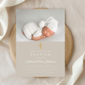 Elegante Taupe Religieus Kruis Foto Doop Kaart