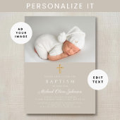 Elegante Taupe Religieus Kruis Foto Doop Kaart