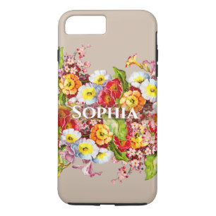 Elegante Taupe Vintage Bloemen Persoonlijke Naam iPhone 8/7 Plus Hoesje