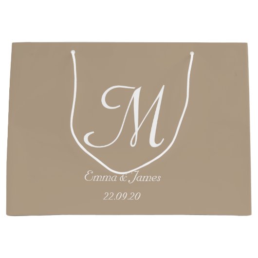 Elegante Taupe & Witte Monogram Naam Bruiloft Fees Groot Cadeauzakje (Voorkant)
